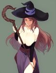  bare_shoulders blue_eyes breasts cleavage detached_sleeves dragon's_crown hat huge_breasts long_hair sasamori_tomoe side_slit simple_background solo sorceress_(dragon's_crown) staff witch_hat 