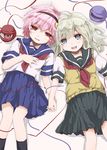  alternate_costume aqua_hair green_eyes hand_on_own_chest head_to_head headband heart holding_hands interlocked_fingers komeiji_koishi komeiji_satori looking_at_viewer lying multiple_girls neckerchief on_back open_mouth parted_lips pink_eyes pink_hair pleated_skirt school_uniform serafuku short_hair short_sleeves siblings sisters skirt socks sweater_vest third_eye touhou yamu_(yamuyama_web) 