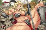  abs amazon amazon_(dragon's_crown) armlet armor bikini_armor blonde_hair blue_eyes boots breasts circlet covered_nipples dragon's_crown exaxuxer feathers gauntlets greaves halberd head_feathers highres large_breasts lips long_hair muscle polearm purple_eyes reclining skeleton skull solo tattoo thick_thighs thighs treasure_chest weapon 