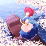  album_cover belt boat cherry_blossoms cover hair_bobbles hair_ornament looking_at_viewer looking_back onozuka_komachi puffy_sleeves red_eyes red_hair sash shirt short_sleeves skirt smile solo staff touhou tree tsuyuki_(yukitgraph) two_side_up water watercraft 