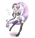  big_hair character_name chihiri closed_fan dress fan folding_fan gloves hair_ribbon hatsuharu_(kantai_collection) hikimayu kantai_collection long_hair ponytail purple_eyes purple_hair ribbon sailor_dress short_eyebrows simple_background solo thighhighs very_long_hair white_background zettai_ryouiki 