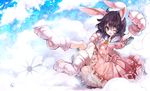  ;d animal_ears bad_id bad_pixiv_id black_hair bunny_ears carrot cis_(carcharias) frilled_skirt frills gloves highres inaba_tewi looking_at_viewer one_eye_closed open_mouth paw_gloves paw_shoes paws puffy_sleeves revision ribbon shoes short_hair short_sleeves skirt smile solo touhou 