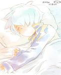  blue_hair closed_eyes hair_over_one_eye inazuma_eleven_(series) inazuma_eleven_go jacket kurama_norihito male_focus mizuhara_aki open_mouth raimon sleeping solo track_jacket 