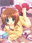  :d absurdres barefoot bed brown_hair copyright_request feet food green_eyes hair_ornament hairclip highres nightgown ohno_tetsuya oono_tetsuya open_mouth pajama possible_duplicate red_legwear short_hair smile sock_dangle sock_pull socks soles solo 