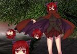  blouse bow canal cape cape_lift covering_mouth disembodied_head fog grin hair_bow high_collar highres katahashi long_sleeves looking_at_viewer lying on_side path red_eyes red_hair road sekibanki short_hair skirt smile solo touhou willow 