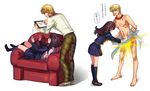  1girl bad_id bad_pixiv_id blonde_hair brown_eyes brown_hair couch fate/extra fate/extra_ccc fate_(series) gilgamesh glowing glowing_penis goenitzchild ipad kishinami_hakuno_(female) penis red_eyes tablet_pc tattoo translated 