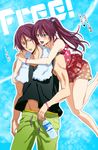  1girl bad_id bad_pixiv_id bare_shoulders blush bottle copyright_name free! hug imuco legs long_hair matsuoka_gou matsuoka_rin muscle ponytail purple_hair red_eyes red_hair translation_request water_bottle 