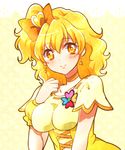  blonde_hair bow breasts choker cure_pine dress earrings fresh_precure! hair_ornament heart heart_hair_ornament jewelry kagami_chihiro magical_girl medium_breasts orange_choker precure short_hair smile solo yamabuki_inori yellow_eyes 