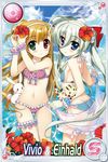  2girls asteion bikini blonde_hair blue_eyes bunny einhart_stratos fujima_takuya green_hair heterochromia long_hair lyrical_nanoha mahou_shoujo_lyrical_nanoha_vivid multiple_girls ocean official_art purple_eyes red_eyes sacred_heart swimsuit tiger twintails vivio water 