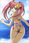  ass beach bikini blue_eyes cloud day flower gundam gundam_seed gundam_seed_destiny hair_flower hair_ornament hairpin hanzou lacus_clyne long_hair looking_back multicolored multicolored_stripes ocean outdoors pink_hair running sky smile solo striped striped_bikini swimsuit thigh_gap twintails water 