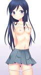  aragaki_ayase banned_artist black_hair blue_eyes blush breasts collarbone highres long_hair n.g. navel nipples ore_no_imouto_ga_konna_ni_kawaii_wake_ga_nai panties panty_pull pleated_skirt pussy_juice simple_background skirt small_breasts solo topless underwear 