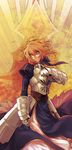 ahoge armor armored_dress artoria_pendragon_(all) bad_id bad_pixiv_id blonde_hair dress fate/stay_night fate_(series) faulds gauntlets green_eyes hair_ribbon highres jeon9018 juliet_sleeves long_sleeves puffy_sleeves ribbon saber solo 