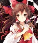  ascot bad_id bad_pixiv_id bow brown_eyes brown_hair collar detached_sleeves gohei hair_bow hair_tubes hakurei_reimu holding long_hair long_sleeves looking_at_viewer nunucco open_mouth red_bow ribbon sidelocks solo stick touhou vest 