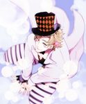  bad_id bad_pixiv_id blonde_hair caesar_anthonio_zeppeli facial_mark fingerless_gloves from_above gloves green_eyes hat jojo_no_kimyou_na_bouken male_focus pants sajijas solo striped striped_pants top_hat 