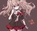  blue_eyes bow character_name danganronpa danganronpa_1 enoshima_junko hair_ornament long_hair loose_necktie necktie pink_hair plaid plaid_skirt school_uniform shiroki_(ikamirinmgmg) skirt sleeves_rolled_up smile twintails 