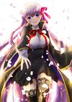  bb_(fate)_(all) bb_(fate/extra_ccc) breasts fate/extra fate/extra_ccc fate_(series) hair_ribbon hayase_chitose lace lace-trimmed_thighhighs long_hair medium_breasts outstretched_hand purple_eyes purple_hair ribbon solo thighhighs very_long_hair 