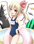  alternate_costume blonde_hair crystal flandre_scarlet food fruit highres inflatable_toy innertube kuroganeruto name_tag one-piece_swimsuit open_mouth orca red_eyes ribbon school_swimsuit school_uniform short_hair side_ponytail smile solo swimsuit touhou watermelon wings 