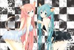  animal_ears aqua_eyes aqua_hair blush cat_ears cat_tail checkered checkered_background grin hatsune_miku highres leaning_forward long_hair looking_at_viewer looking_back megurine_luka multiple_girls nail_polish paw_pose pink_hair smile tail twintails very_long_hair vocaloid yunca 
