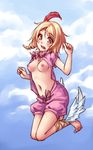  ankle_wings barefoot blonde_hair blue_sky blush breasts breasts_outside cloud day drill_hair feathers flying hair_feathers headband highres long_hair magi_the_labyrinth_of_magic md5_mismatch monorus navel nipples pisti shorts sky small_breasts solo wardrobe_malfunction 
