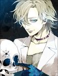  abstract_background bad_id bad_pixiv_id bags_under_eyes blonde_hair blue_eyes crack gashima411 johann_faust_viii lipstick looking_at_viewer makeup male_focus one_eye_closed shaman_king skull solo 