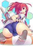  ass cameltoe fat_mons highres i-168_(kantai_collection) kantai_collection mikan_(bananoha) open_mouth red_eyes red_hair sandals school_swimsuit school_uniform serafuku solo swimsuit swimsuit_under_clothes 