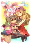  alternate_costume bag black_legwear blonde_hair blue_eyes blush brown_hair casual double_bun eyewear_on_head gen_6_pokemon green_eyes handbag hat long_hair multiple_girls pokemon pokemon_(creature) pokemon_(game) pokemon_xy red_eyes sana_(pokemon) serena_(pokemon) shooting-star shorts skirt smile sylveon tan thighhighs twintails yuri 