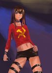  alternate_costume black_panties blue_eyes brown_hair collar communism flat_chest hammer_and_sickle long_hair makise_kurisu microphone midriff miniskirt navel panties pantyshot pantyshot_(standing) siaothe-sheep skirt solo standing steins;gate studded_collar thigh_strap underwear 