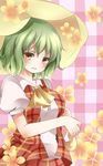  ascot blush breasts checkered checkered_background error flower green_hair kazami_yuuka looking_at_viewer medium_breasts parasol parted_lips plaid plaid_skirt plaid_vest puffy_short_sleeves puffy_sleeves short_hair short_sleeves simple_background skirt skirt_set solo tamichan touhou umbrella vest yellow_eyes 