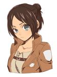  bad_id bad_pixiv_id blue_eyes brown_hair eren_yeager genderswap genderswap_(mtf) hair_bun jacket madyou69-aria paradis_military_uniform shingeki_no_kyojin short_hair solo 