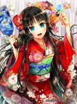  bad_id bad_pixiv_id black_hair ells flower green_eyes japanese_clothes junketsu_duelion kimono long_hair 