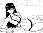  bb_(baalbuddy) beach bikini breasts cleavage dead_or_alive front-tie_top greyscale hime_cut large_breasts lei_fang long_hair lying monochrome navel ocean on_side sketch smile solo swimsuit water 