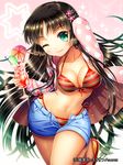  ;3 arm_behind_head bad_id bad_pixiv_id bangs bikini bikini_under_clothes black_hair breasts cleavage cocktail cocktail_umbrella collarbone copyright_name drink drinking_straw ells front-tie_bikini front-tie_top green_eyes hair_ornament hairclip holding ice ice_cube junketsu_duelion leg_up long_hair long_sleeves looking_at_viewer medium_breasts navel one_eye_closed open_clothes open_shirt original polka_dot polka_dot_shirt sandals shirt shorts side-tie_bikini smile solo standing standing_on_one_leg striped striped_bikini swimsuit swimsuit_under_clothes tropical_drink very_long_hair 