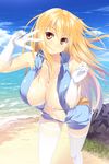  1girl bag bare_shoulders beach blonde_hair blush breasts center_opening chain cleavage cloud cum cum_on_body cum_on_breasts cum_on_upper_body day elbow_gloves gloves grass homu_(seven_deadly_sins) large_breasts long_hair looking_at_viewer nipples ocean outdoors rock sand shokuhou_misaki shoulder_bag sky smile solo thighhighs to_aru_kagaku_no_railgun to_aru_majutsu_no_index v water white_gloves white_legwear yellow_eyes 