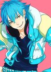  belt blue_hair blue_jacket brown_eyes dramatical_murder evil_grin evil_smile grin hands_on_hips headphones headphones_around_neck highres hood hooded_jacket jacket long_hair looking_at_viewer male_focus pink_background seragaki_aoba shirt smile solo studded_belt t-shirt tsukiaki 