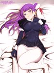  blush breasts character_name copyright_name elbow_gloves fram_nara gloves gundam gundam_age hair_tubes long_hair lying medium_breasts niwatori_kokezou on_bed pantyhose purple_eyes purple_hair skirt solo twintails white_legwear wrist_cuffs 