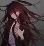  black_hair black_jacket brown_hair clutching_chest danganronpa formal hair_between_eyes io_(sinking=carousel) jacket kamukura_izuru long_hair male_focus necktie open_clothes open_jacket open_mouth red_eyes shirt simple_background solo spoilers suit super_danganronpa_2 very_long_hair white_shirt 