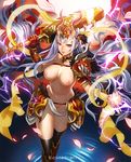  armor blue_hair boots breasts electricity gauntlets headdress horns long_hair mace medium_breasts nipples nito_(siccarol) nude original pauldrons petals pointy_ears red_eyes shoulder_pads silver_hair solo thighhighs very_long_hair weapon 