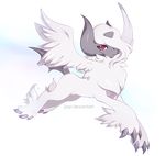  artrica feathered_wings full_body gen_3_pokemon hair_over_one_eye horns mega_absol mega_pokemon no_humans pokemon pokemon_(creature) red_eyes solo tail transparent_background watermark web_address wings 