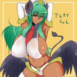  1girl armpits arms_up between_breasts dark_skin elbow_gloves female gloves green_hair hat highres horns long_hair navel necktie red_eyes sahei smile tail translation_request wings 