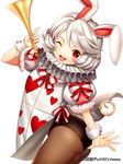  ;d animal_ears bad_id bad_pixiv_id black_legwear bunny_ears bunny_tail bunnysuit ells heart horn_(instrument) instrument junketsu_duelion looking_at_viewer one_eye_closed open_mouth pantyhose pocket_watch red_eyes short_hair smile solo tail watch white_hair wrist_cuffs 