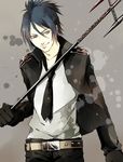  bad_id bad_pixiv_id black_hair gashima411 heterochromia katekyo_hitman_reborn! male_focus polearm ponytail rokudou_mukuro solo trident weapon 