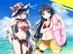  beach bikini black_hair blue_sky bow bracelet branch breasts cloud collaboration day fujiwara_no_mokou hair_bow hair_ornament hair_ribbon hat houraisan_kaguya innertube jeweled_branch_of_hourai jewelry kinosaki long_hair medium_breasts multiple_girls ocean outdoors print_sarong red_eyes ribbon sandals sarong see-through silver_eyes silver_hair sky smile sunlight swimsuit t.o.d touhou translucent_sarong water yellow_sarong 