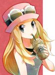  bare_shoulders black_eyes blonde_hair brand_name_imitation eyewear_on_head hat long_hair parody pokemon pokemon_(game) pokemon_xy pun serena_(pokemon) solo starbucks sunglasses tomone 