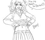  amagami bb_(baalbuddy) clothes_lift english greyscale messy_hair midriff monochrome navel pleated_skirt school_uniform sketch skirt solo speech_bubble sweater sweater_lift tanamachi_kaoru 