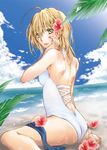  :d ahoge alternate_hairstyle armpits artoria_pendragon_(all) ass back bangs barefoot beach blonde_hair blue_nails blurry breasts casual_one-piece_swimsuit cloud cross-laced_clothes day depth_of_field fate/stay_night fate_(series) flower from_side green_eyes hair_between_eyes hair_down hair_flower hair_ornament halterneck hand_on_own_cheek hand_up hibiscus leaf looking_at_viewer looking_back medium_breasts minami-n nail_polish ocean on_ground one-piece_swimsuit open_mouth outdoors raised_eyebrows saber sitting sky smile soles solo spread_legs summer swimsuit wariza water water_drop wet wet_hair white_swimsuit 