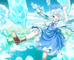  blue_eyes blue_hair cirno hair_ribbon ice ice_wings nanami_sano one_eye_closed ribbon short_hair solo touhou wings 