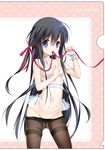  black_hair blue_eyes breasts choker groin hair_ribbon highres lingerie long_hair medium_breasts mizore_maji mouth_hold navel original pantyhose pantyhose_pull ribbon solo underwear 