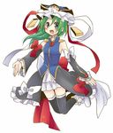  :d alternate_costume blush detached_sleeves green_hair grey_eyes hat jumping nagaro open_mouth ribbon shiki_eiki simple_background skirt smile solo touhou white_background 