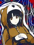  animal_costume asymmetrical_hair bad_id bad_pixiv_id bear_costume bear_hood brown_eyes brown_hair cable hair_ribbon iwakura_lain nabau psychedelic ribbon serial_experiments_lain short_hair solo 