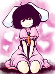  ahoge animal_ears bad_id bad_pixiv_id black_hair bunny_ears carrot dress flat_chest head_tilt heart inaba_tewi jewelry looking_at_viewer nabau pendant pink_dress puffy_short_sleeves puffy_sleeves red_eyes seiza short_hair short_sleeves sitting solo touhou v_arms 